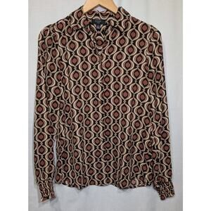 Haver London Retro Geometric Print Button Front Blouse XS Long‎ Sleeve Mod 70s